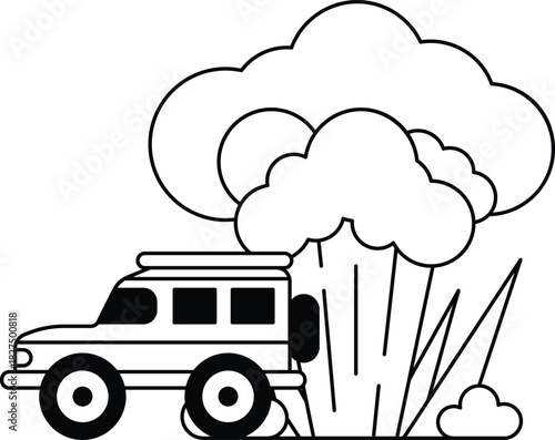 A black and white drawing of a car with a cloud of smoke coming out of it