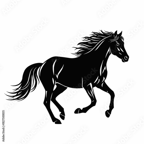 Elegant black horse galloping gracefully across a pristine white background.