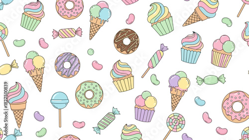 Indulge in this delightful flat design featuring a repeating pattern of cute, hand-drawn pastel desserts and snacks. Its minimalist approach and soft, inviting colors make it ideal for sweet-themed 