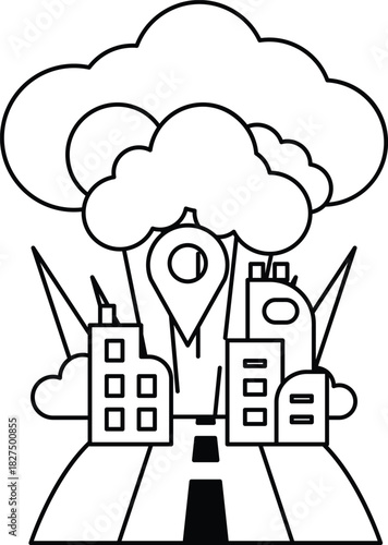 A cityscape with a large cloud in the background