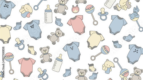 Adorn your projects with this heartwarming flat design, presenting a repeating pattern of cute, hand-drawn pastel baby and nursery items. 