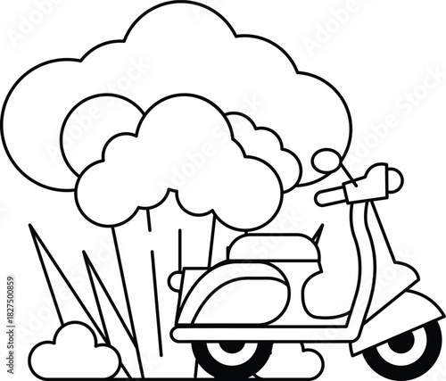 A scooter is parked in front of a tree