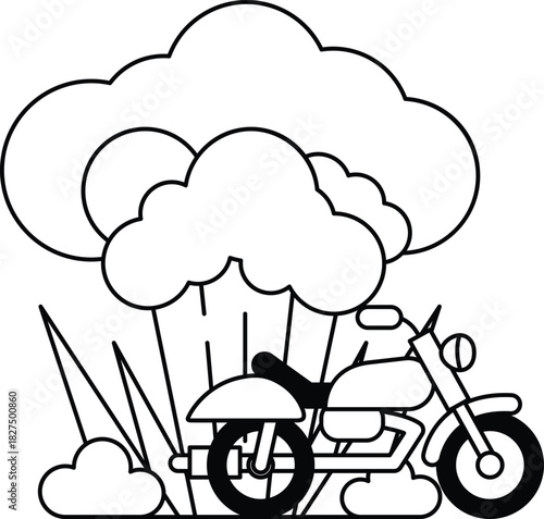 A black and white drawing of a motorcycle with a cloud in the background
