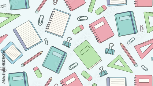 Brighten up your designs with this vibrant flat design, showcasing a repeating pattern of cute, hand-drawn pastel school and stationery doodles. Its minimalist style and soft colors bring a cheerful 