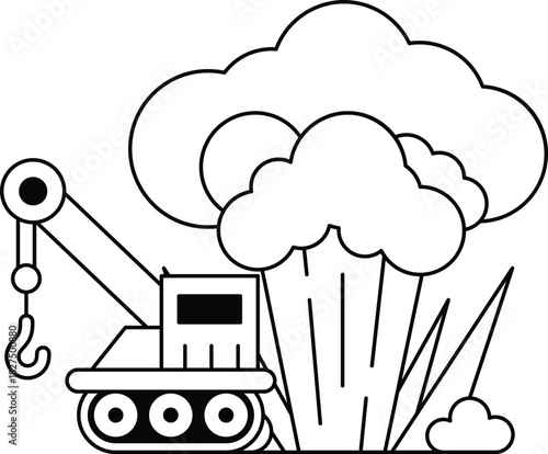 A black and white drawing of a large crane lifting a large object