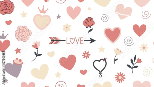 Express affection with this heartwarming flat design, presenting a repeating pattern of cute, hand-drawn pastel love and romance symbols. 