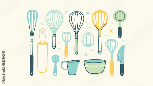 a complete set of cooking utensils in the kitchen with a beautiful style and soft colors