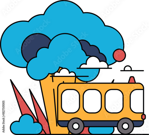 A bus is driving through a storm