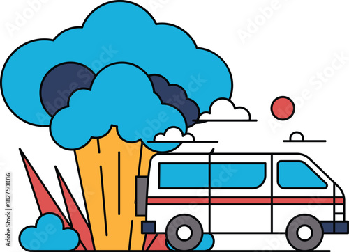 A black and white drawing of a van with smoke coming out of the back