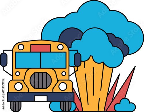 A bus is driving through a cloud of smoke