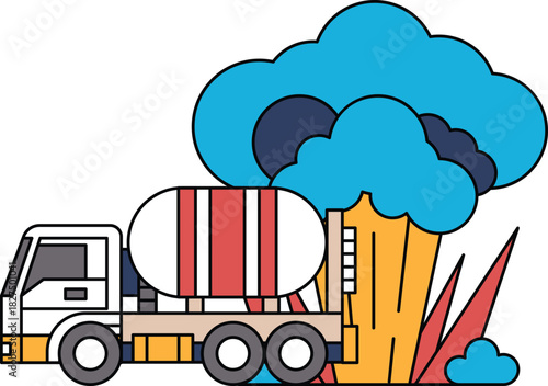 A large truck is driving through a forest with smoke coming out of it