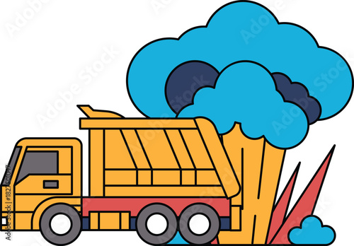 A black and white drawing of a dump truck with smoke coming out of it