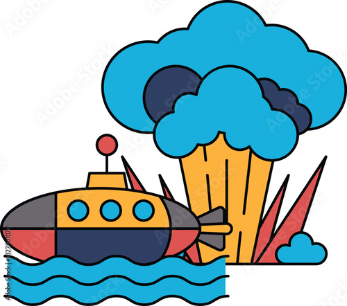 A submarine is in the water and a cloud of smoke is rising from the ocean