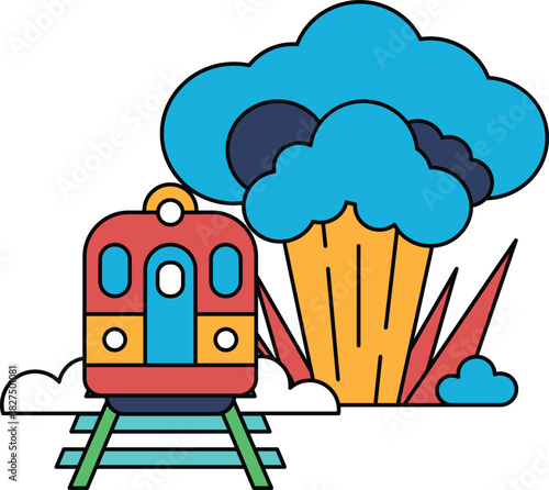 A train is on a track next to a cloud of smoke
