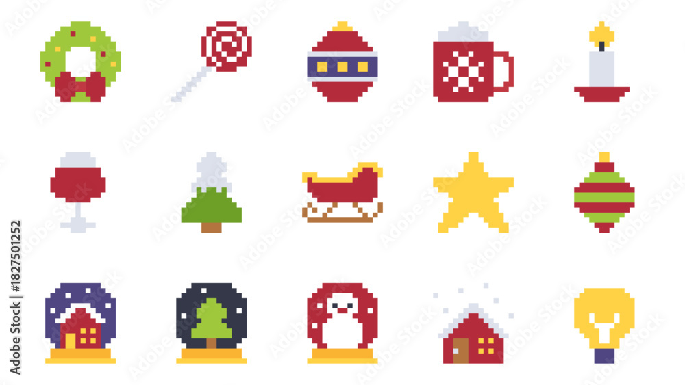 Fototapeta premium Christmas 8bit Pixel Art Large Icon Set with Festive Winter Decorations and Holiday Symbols