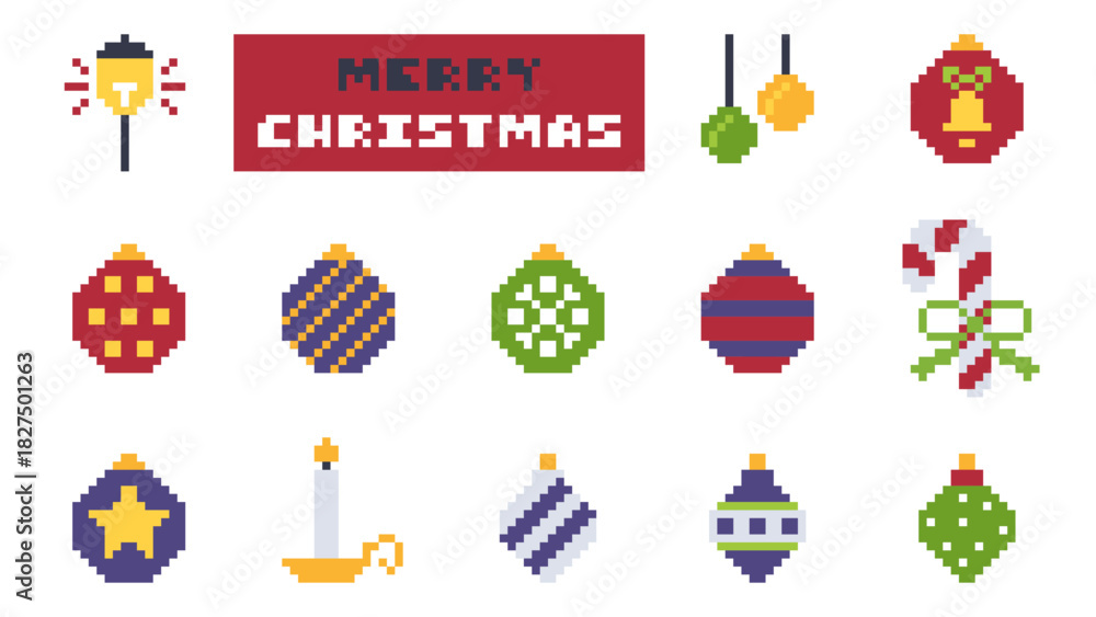 Fototapeta premium Retro Pixel Christmas Ornament Collection with Festive Balls and Candles