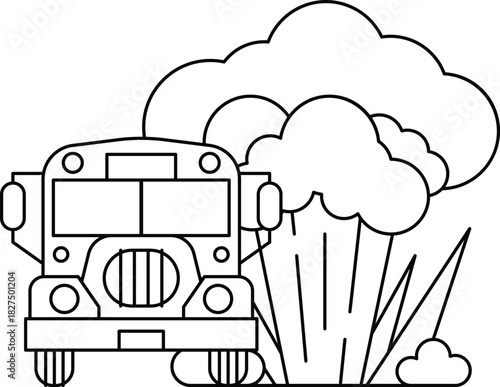 A bus is driving through a cloud of smoke