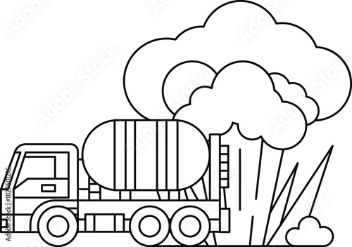 A large truck is driving through a forest with smoke coming out of it