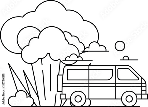 A black and white drawing of a van with smoke coming out of the back