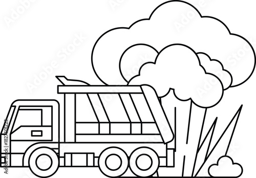 A black and white drawing of a dump truck with smoke coming out of it