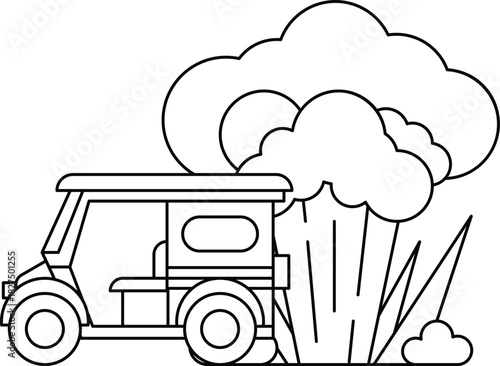 A black and white drawing of a car with a cloud of smoke coming out of the back