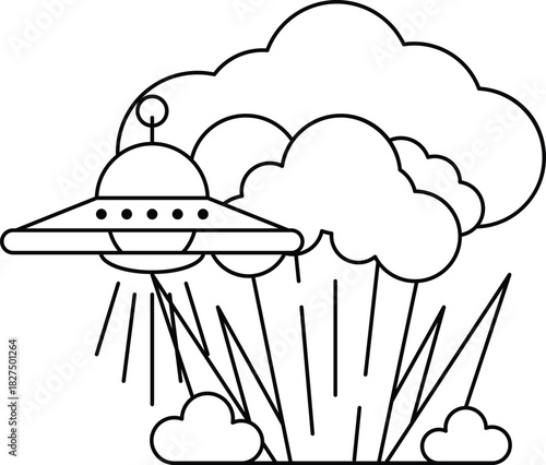 A black and white drawing of a spaceship flying through a cloud of smoke