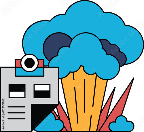 A black and white drawing of a cloud with a camera in the middle