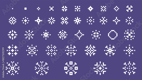 Large Pixel Snowflake Pattern Collection on Purple Background