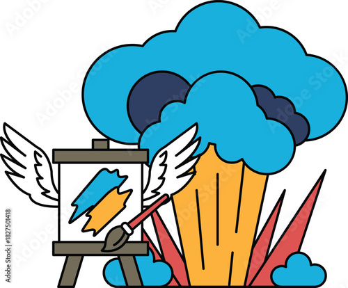 A painting of a cloud with a brush and a palette on the ground