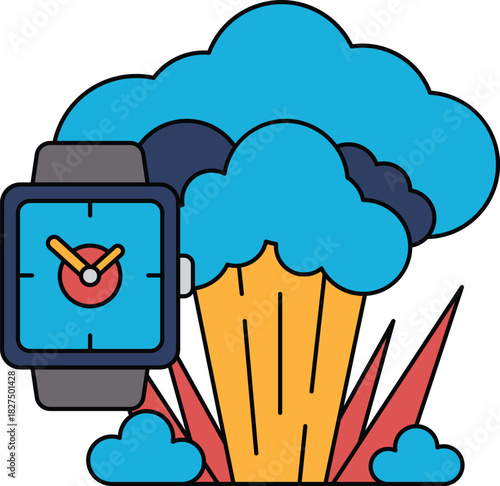 A watch is shown next to a cloud of smoke