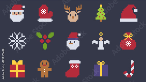 Christmas 8bit Pixel Art Icons on Dark Background Featuring Winter Festive Elements