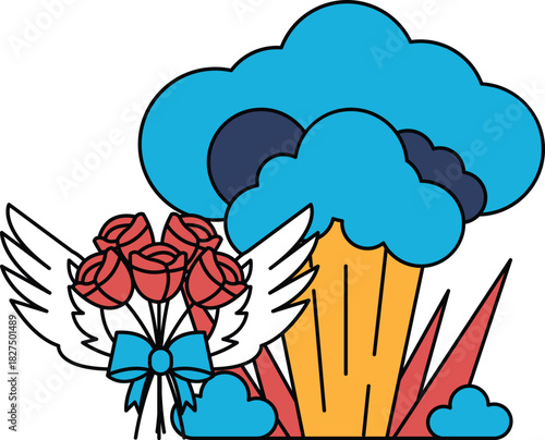 A bouquet of roses is placed next to a cloud of smoke