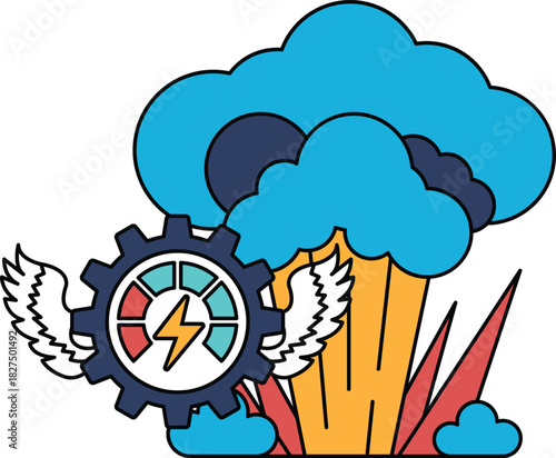 A black and white drawing of a cloud with a gear and a lightning bolt