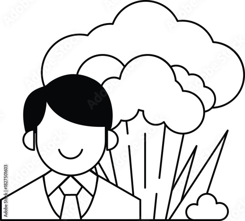 A man is smiling in front of a cloud of smoke