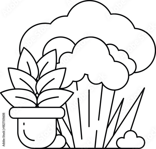 A plant is in a pot and a cloud is in the background