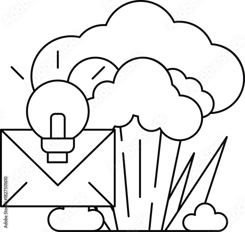 A white and black drawing of a light bulb