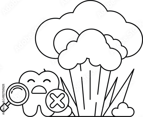 A cartoon of a tooth with a magnifying glass on it