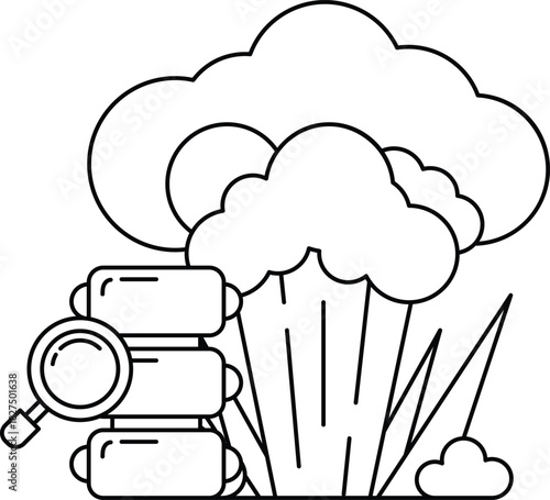 A black and white drawing of a cloud with a magnifying glass on the left side