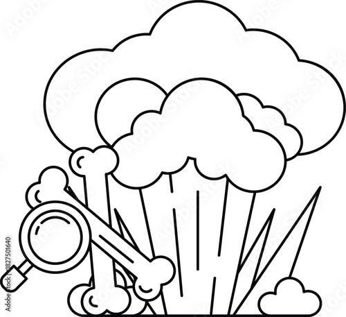 A black and white drawing of a cloud with a skull and a magnifying glass