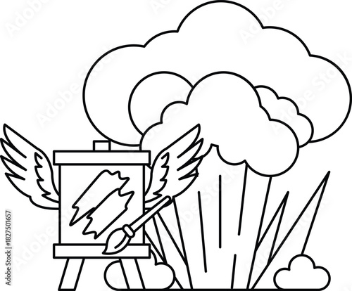 A painting of a cloud with a brush and a palette on the ground