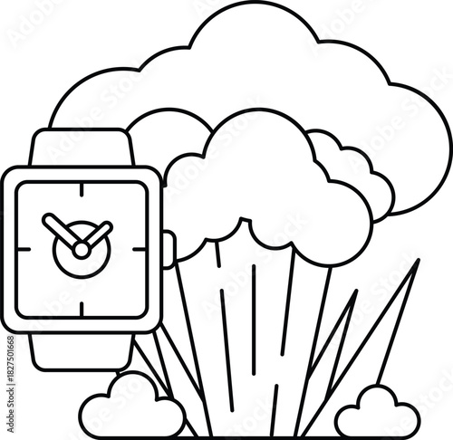 A watch is shown next to a cloud of smoke