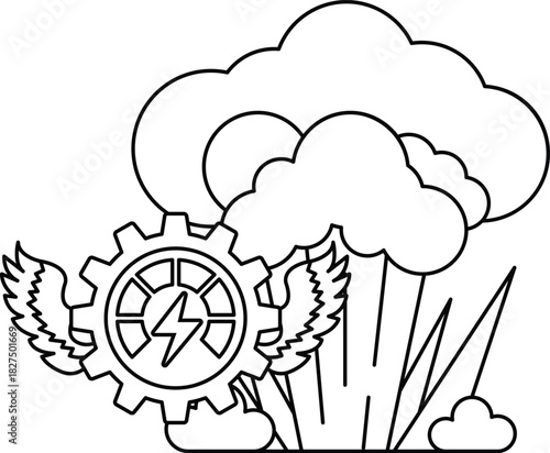 A black and white drawing of a cloud with a gear and a lightning bolt