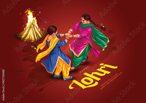 Happy Lohri festival of Punjab India background. group of people playing lohri dance. vector illustration banner design