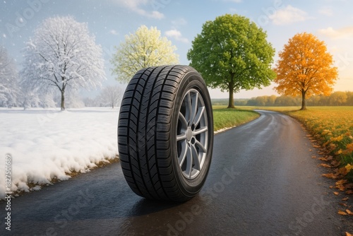 All-season tire standing on a road transitioning through winter, spring, summer and autumn, symbolizing year-round performance, safety and reliable traction in any weather