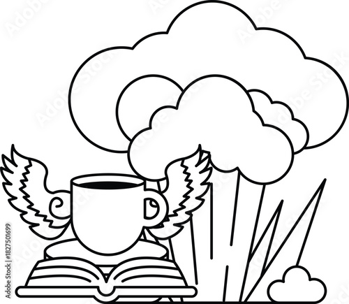 A cup with wings on top of it is sitting on top of an open book