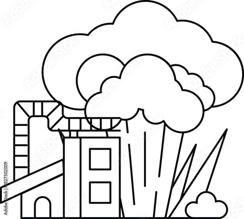 A black and white drawing of a city with a factory and a house