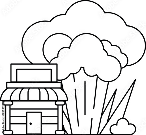 A black and white drawing of a small building with a sign on the front