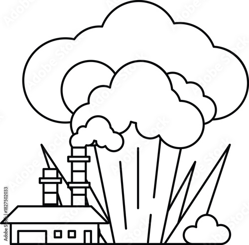 A black and white drawing of a factory with a cloud of smoke coming out of it