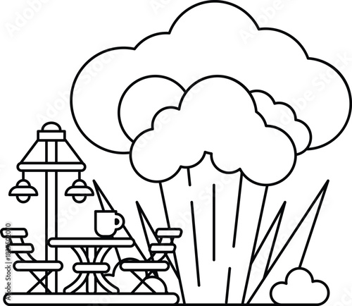 A black and white drawing of a picnic area with a table and chairs, a cup