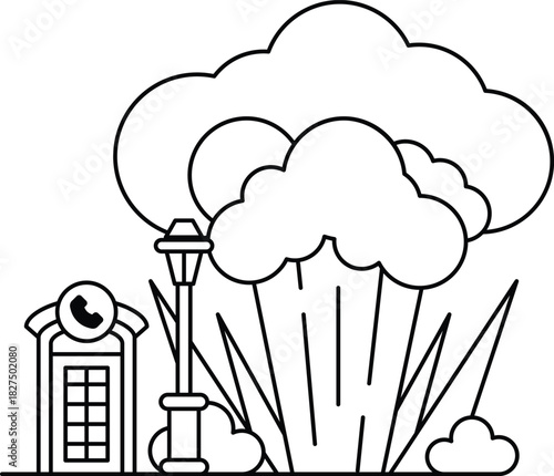 A black and white drawing of a city with a telephone booth, a lamp post